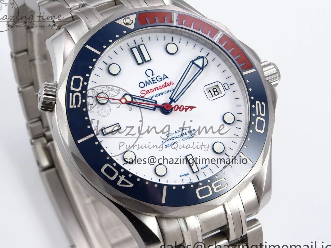 0409 HighQuality Seamaster Diver 300M OMF 1:1 Best Edition Blue Red Ceramic White Dial on SS Bracelet A 7705